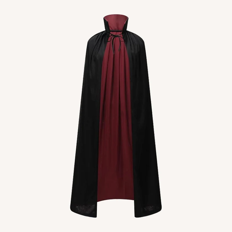 Product reference for a black cape with burgundy lining, short upright collar and narrow tie cords
