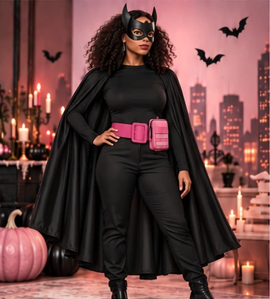 AI styling illustration of a Gotham-inspired heroine in black with a cape, pink belt and pink pouch