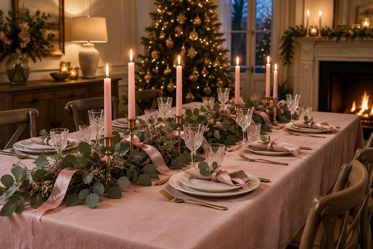 Long dining table set for Christmas with a blush linen tablecloth, tall pink taper candles in brass holders, eucalyptus garland and pink ribbon napkins