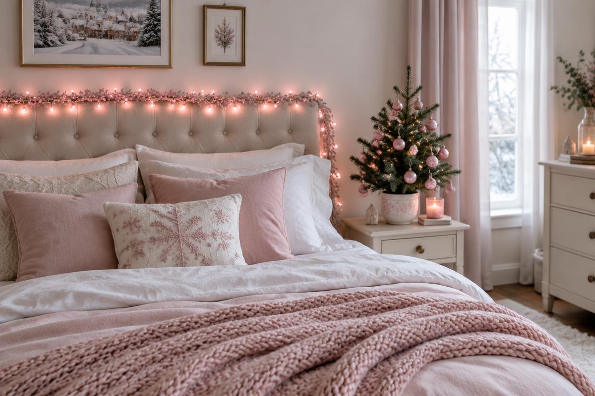 Bedroom styled for Christmas with pink and white bedding, a chunky pink knit throw, fairy lights on the headboard and a small tree with pink baubles on the nightstand