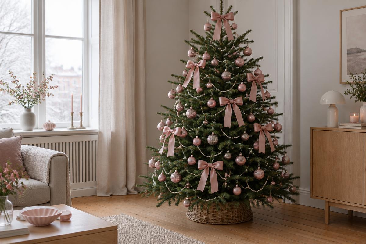 Natural green Christmas tree decorated with pink bows, rose ornaments and pearl garland in a woven basket stand beside a snowy window