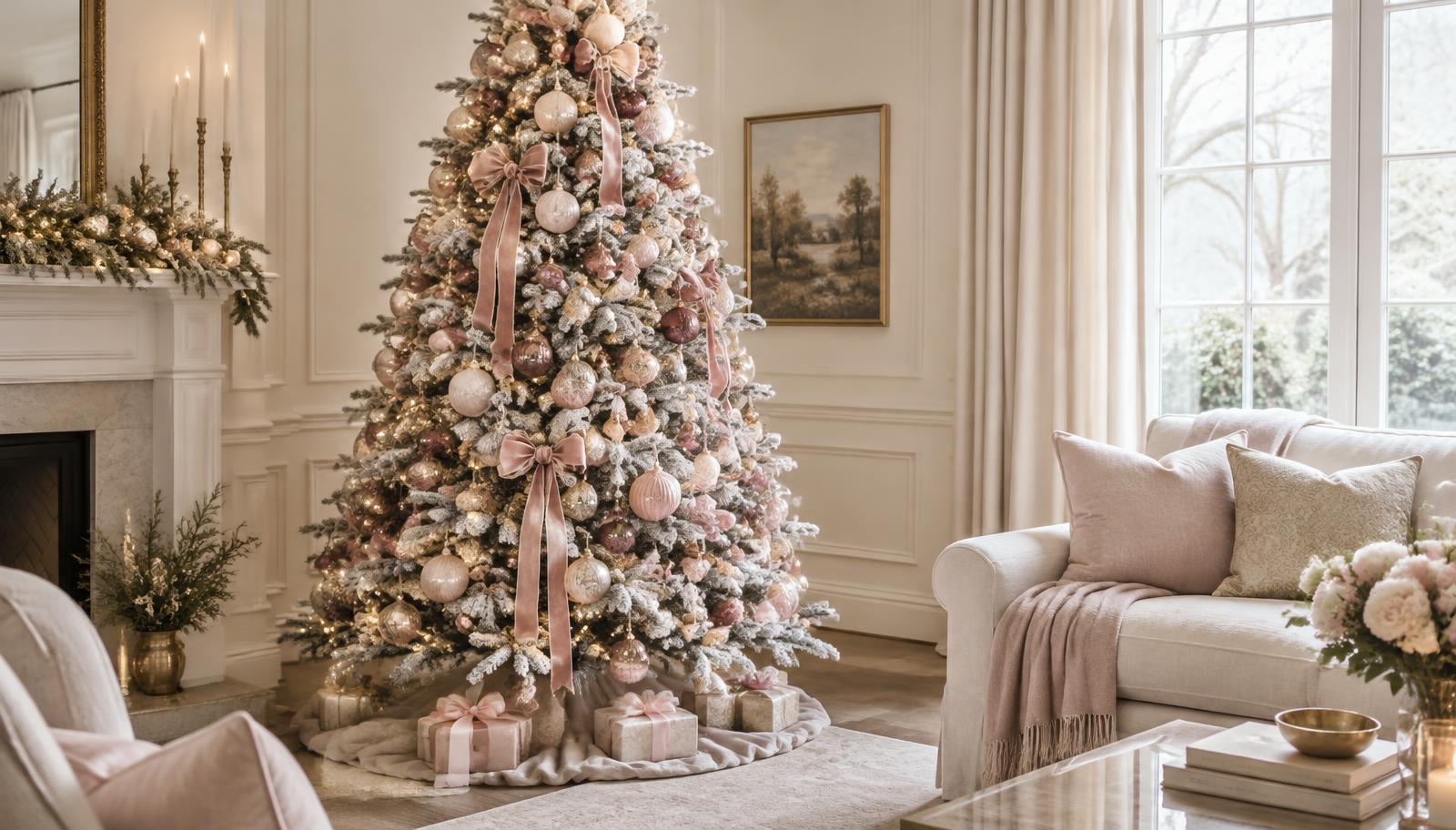 Flocked Christmas tree decorated with blush and rose ornaments, long dusty pink velvet bows and wrapped gifts in a bright cream living room