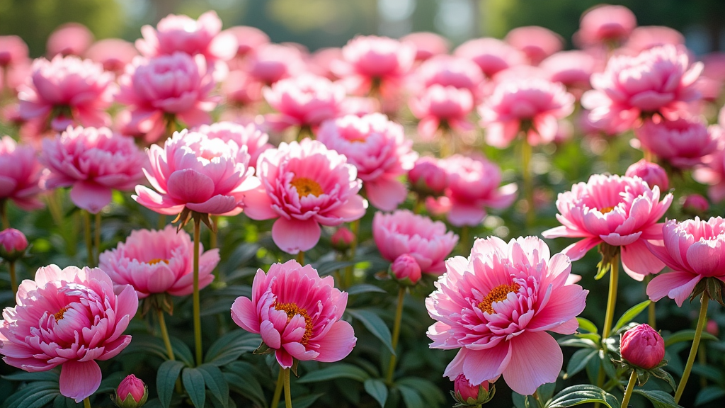 A blooming pink flower garden with labeled varieties