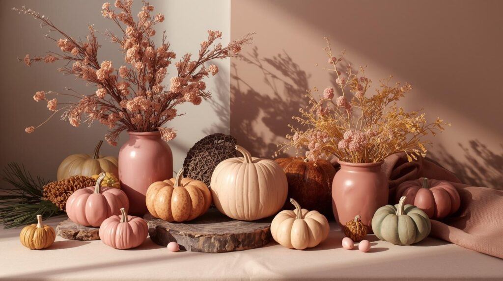 Pink with warm fall colors like tan, chocolate, deep green, and mustard