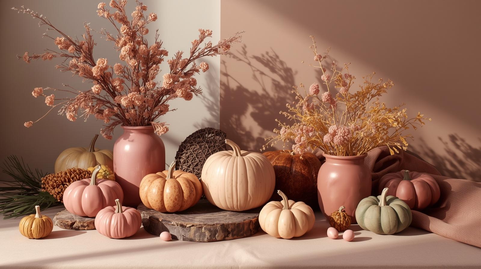 Pink with warm fall colors like tan, chocolate, deep green, and mustard