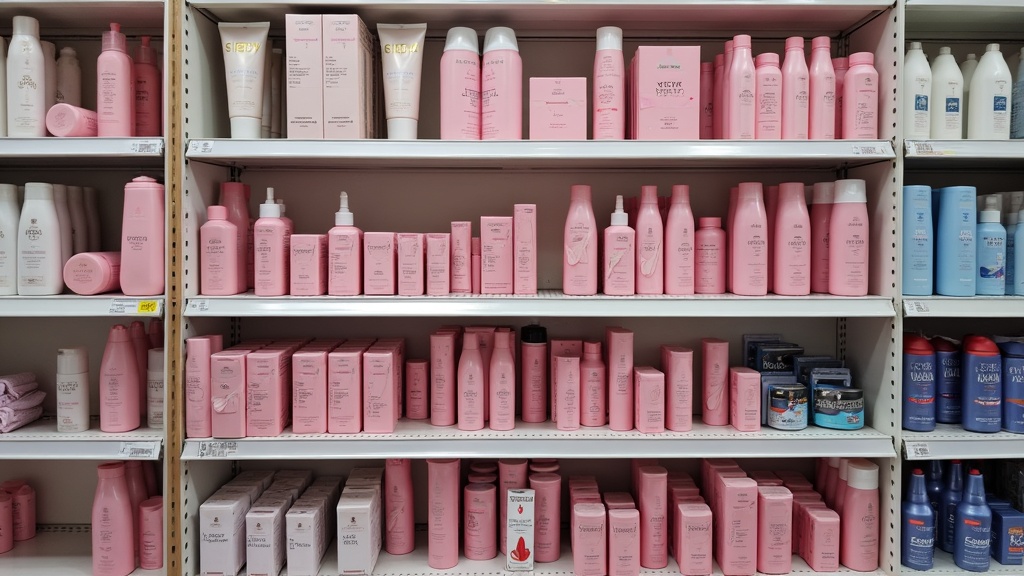 Products on store shelves, some in pink packaging and some in neutral colors, arranged side by side.